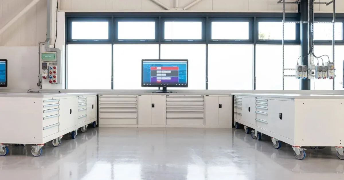 White steel drawer and cabinet workshop storage solutions. Mobile and heavy duty.